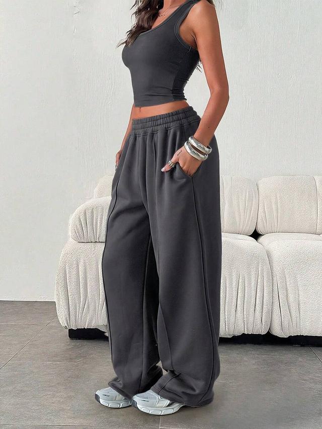 women casual loose solid color elastic waist sweatpants