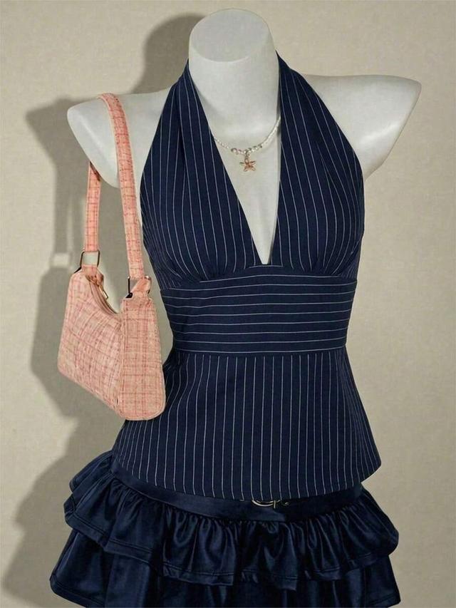 pinstripe deep v-neck halter neck camisole