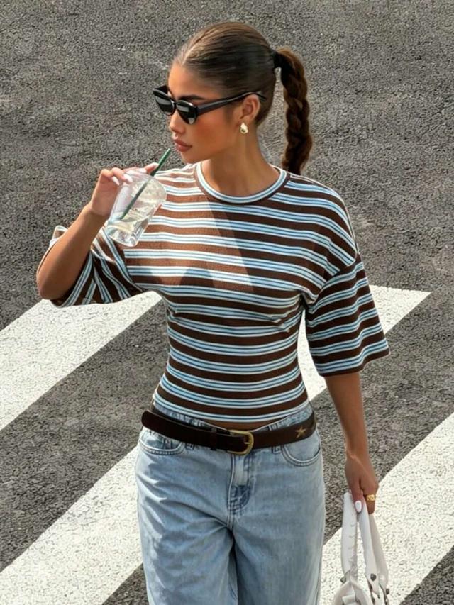 muchica casual minimalist ribbed knit striped fitted t-shirt