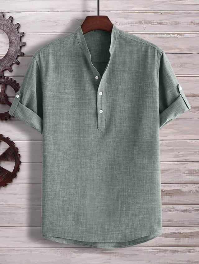 sage green linen blend half button shirt