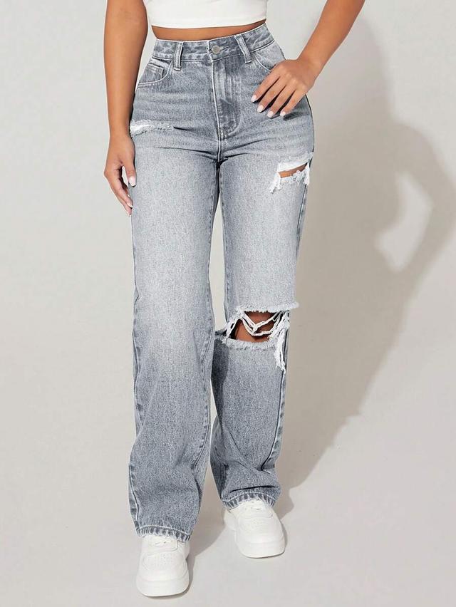 light wash distressed high rise straight leg jeans