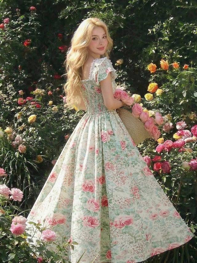 pale green floral print lace patchwork cottagecore dress