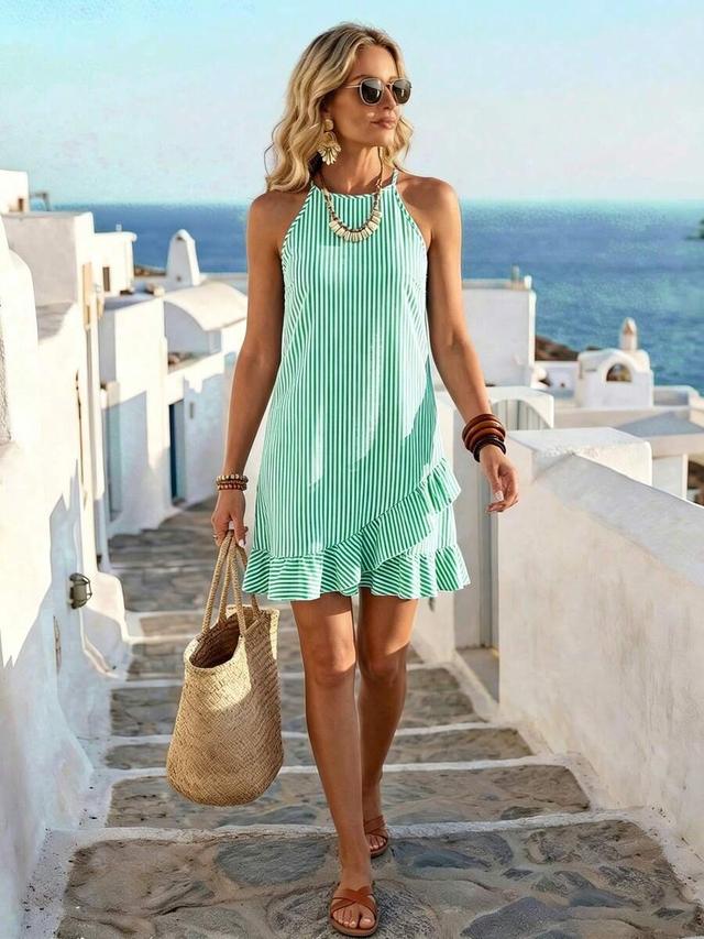 striped sleeveless a-line dress with ruffle trim