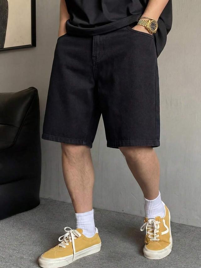 men's black loose casual non-stretch cotton denim shorts