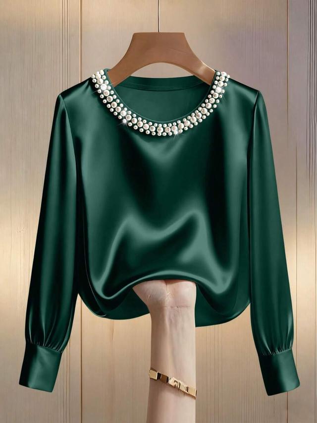elegant dark green satin pearl embellished long sleeve blouse