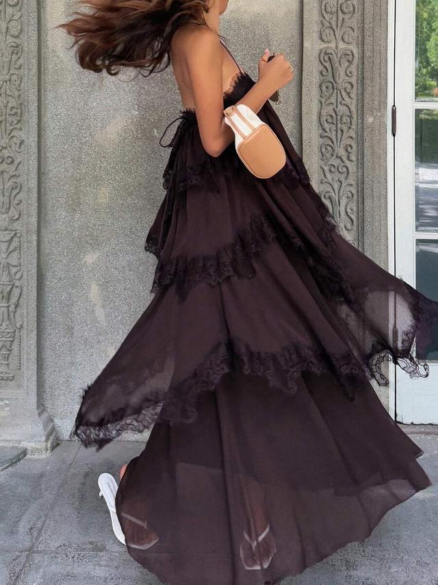 brown lace patchwork ruffle midi slip dress