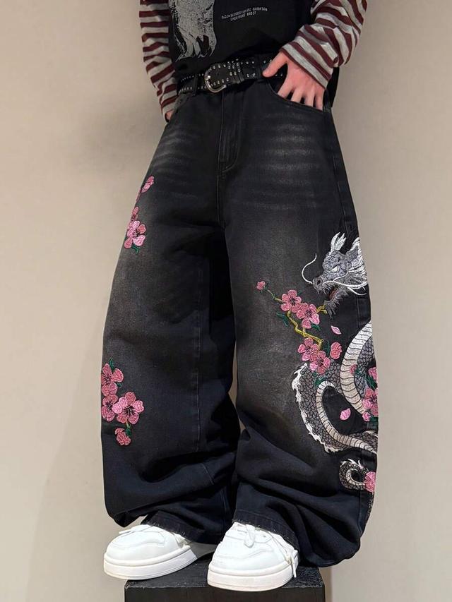 vintage embroidered dragon and floral black wide leg jeans