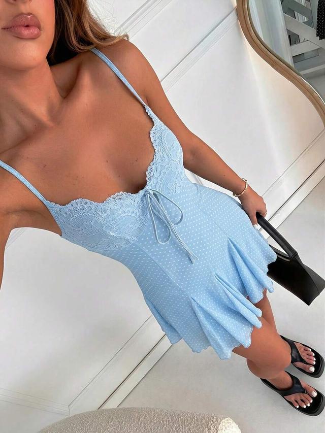blue polka dot lace trim mini babydoll dress
