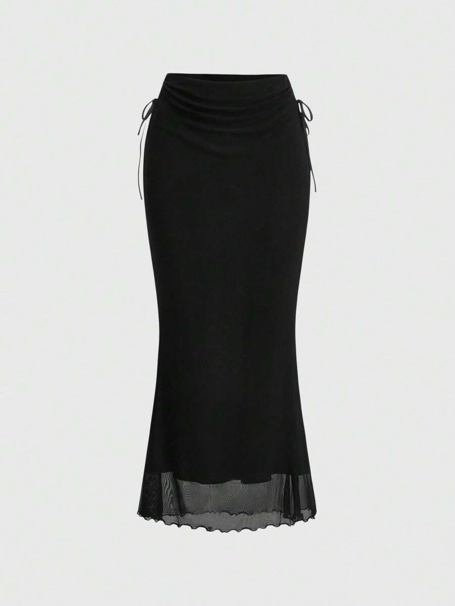 solid color drawstring side slit mermaid skirt