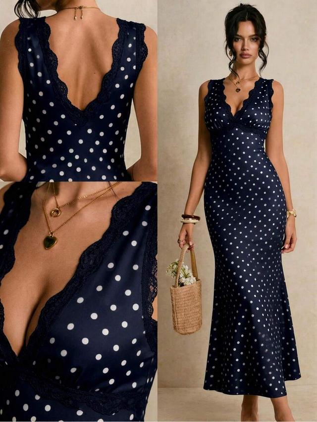 navy polka dot v-neck dress with lace trim