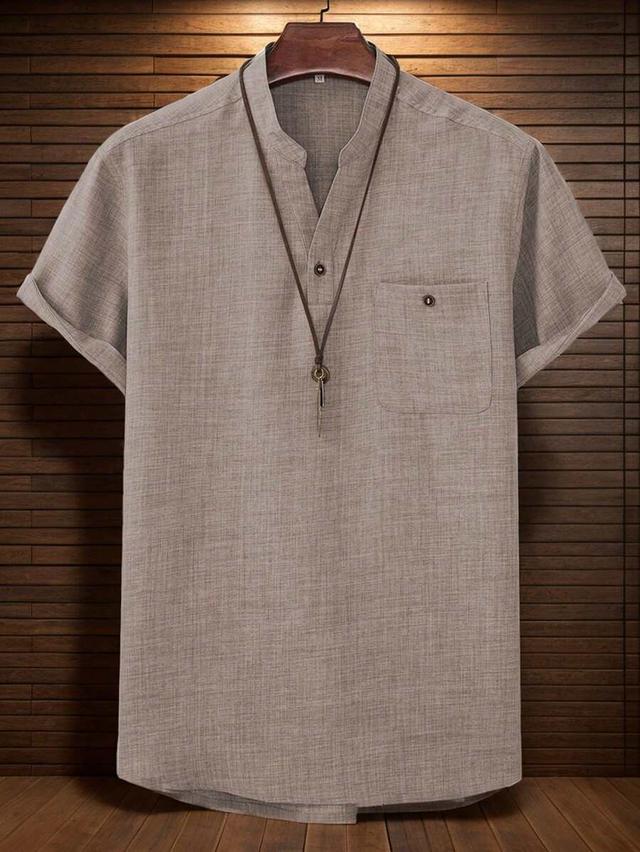 solid brown half button pocket patched shirt