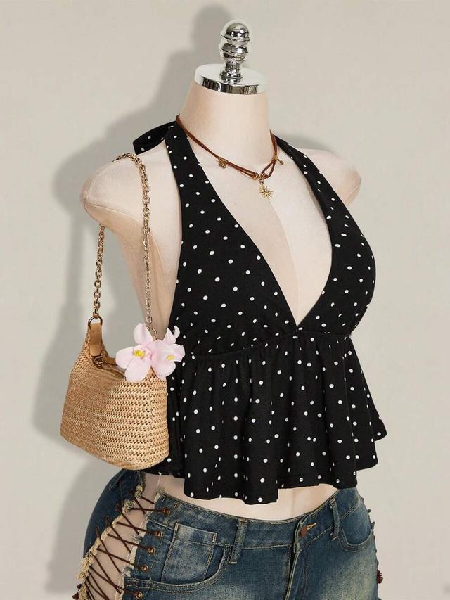 polka dot print halter neck ruffle hem camisole