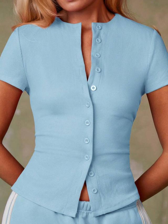 light blue ribbed knit single-breasted slim fit top