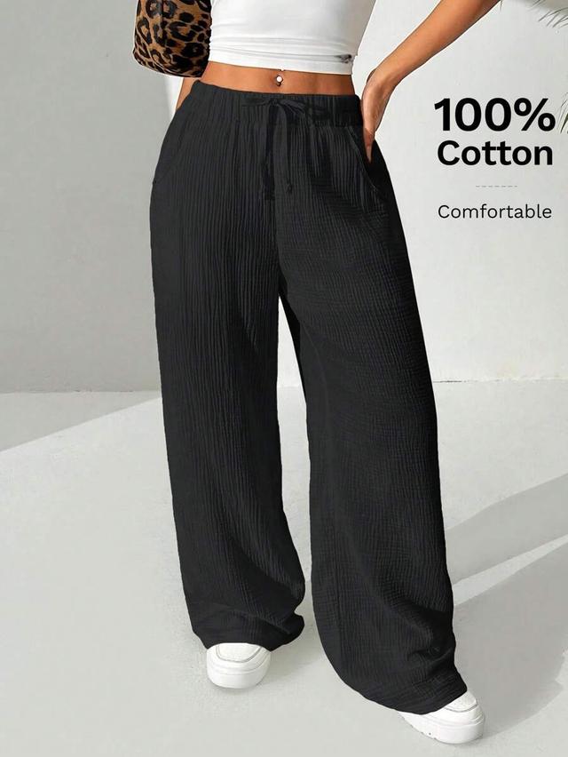 solid black textured cotton casual wide leg trousers