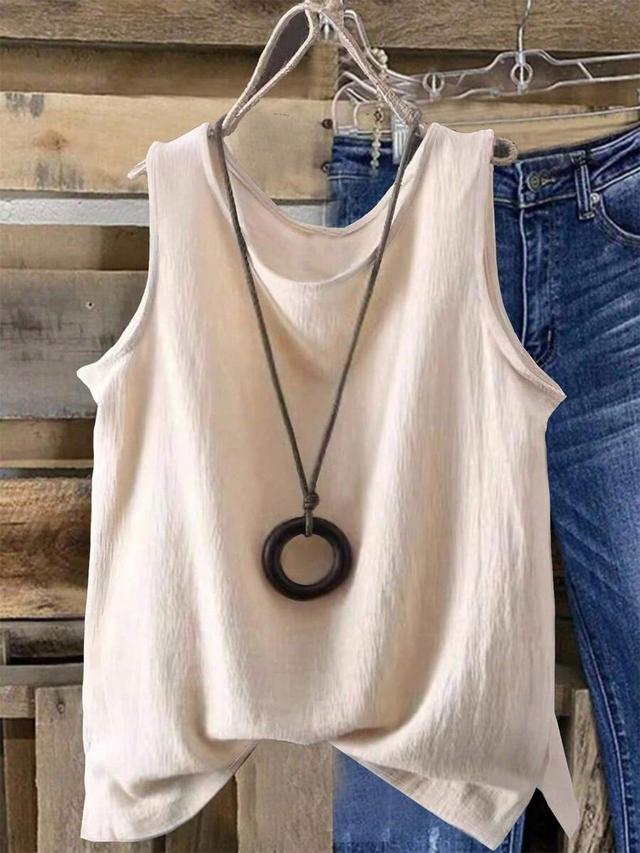 glowing beige casual sleeveless crew neck tank top