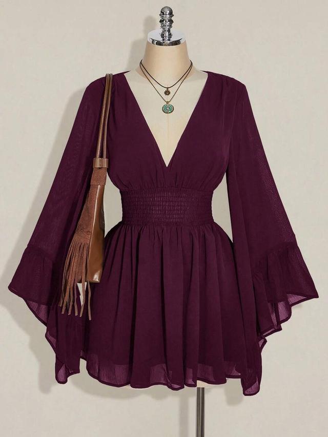 deep purple chiffon v-neck dress with smocked waist