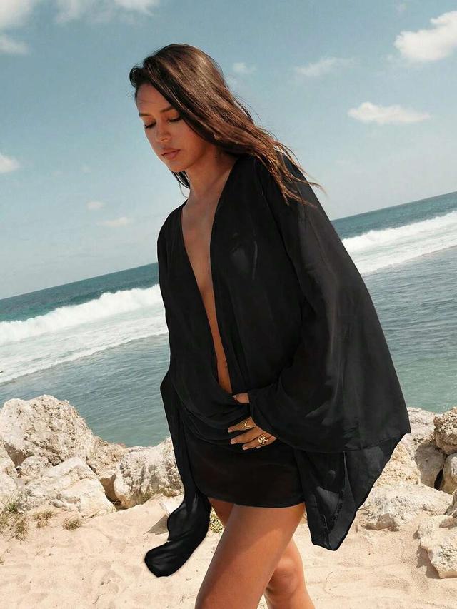 black ruched flare sleeve deep v mini dress
