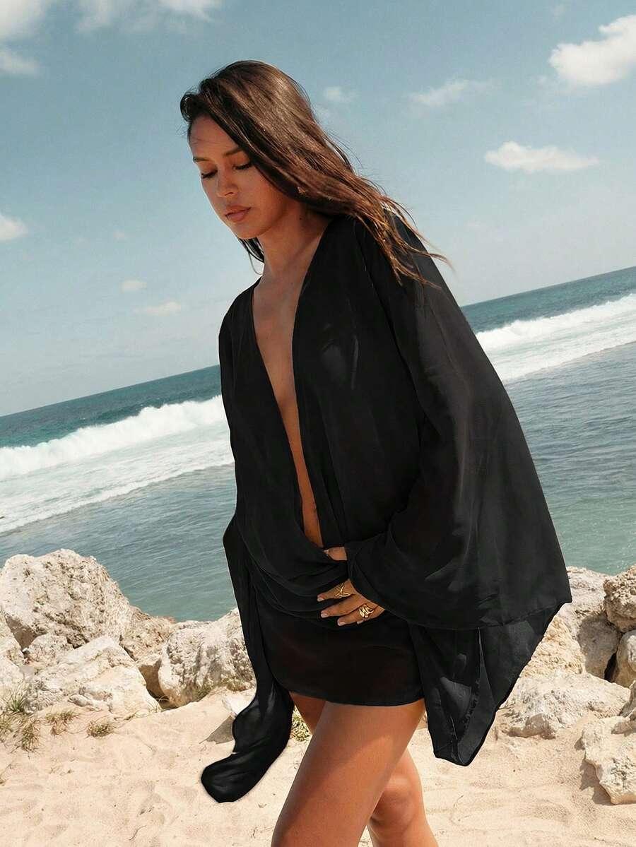 black ruched flare sleeve deep v mini dress