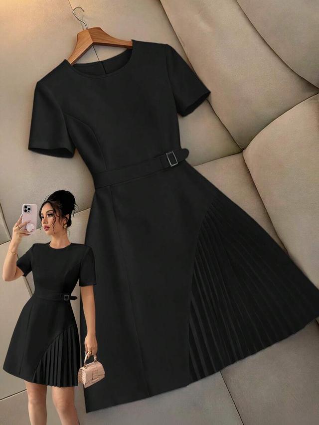 black short sleeve office dress with pleated hem