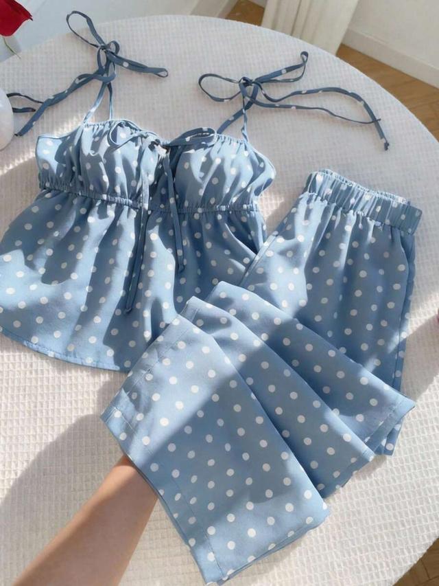 blue polka dot camisole and wide-leg trousers set