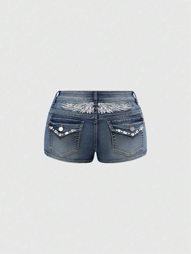 embellished denim shorts with wing embroidery and rhinestones