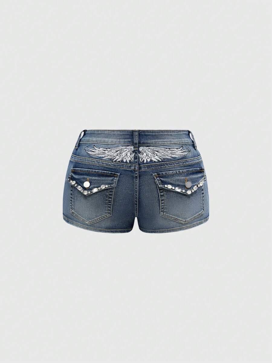 embellished denim shorts with wing embroidery and rhinestones