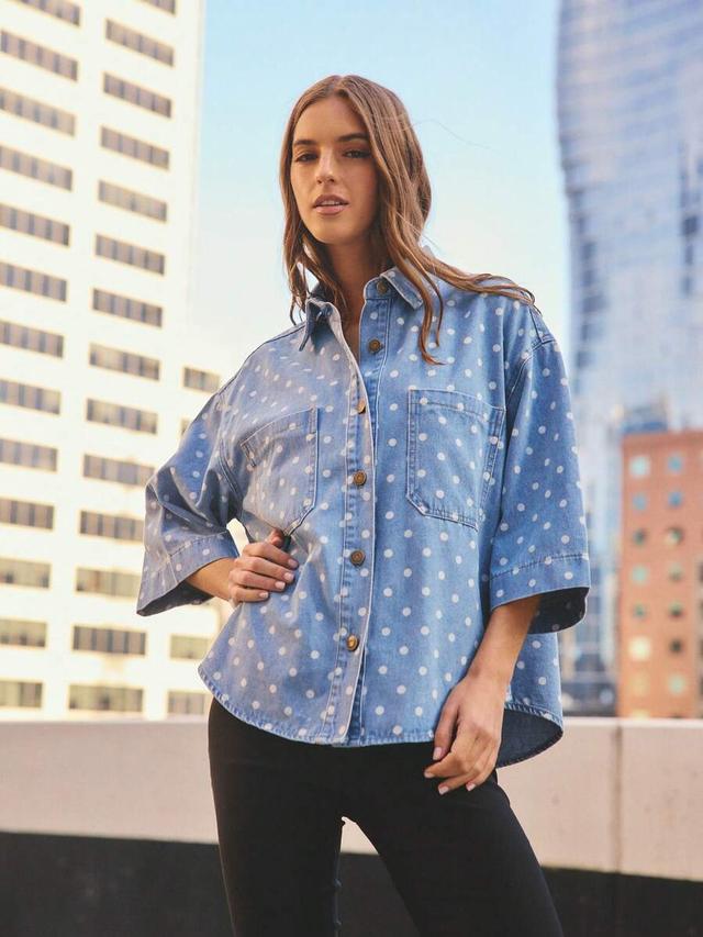 aralina women blue polka dot denim button down shirt