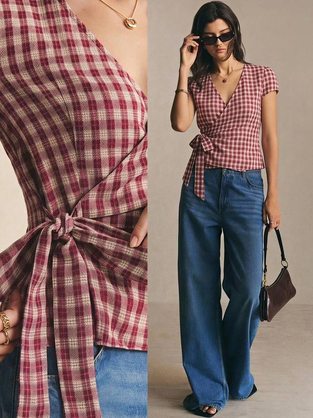 red plaid cotton wrap tie waist blouse