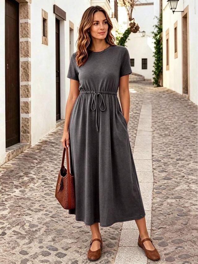 dayvera solid color crew neck twist pocket casual dress