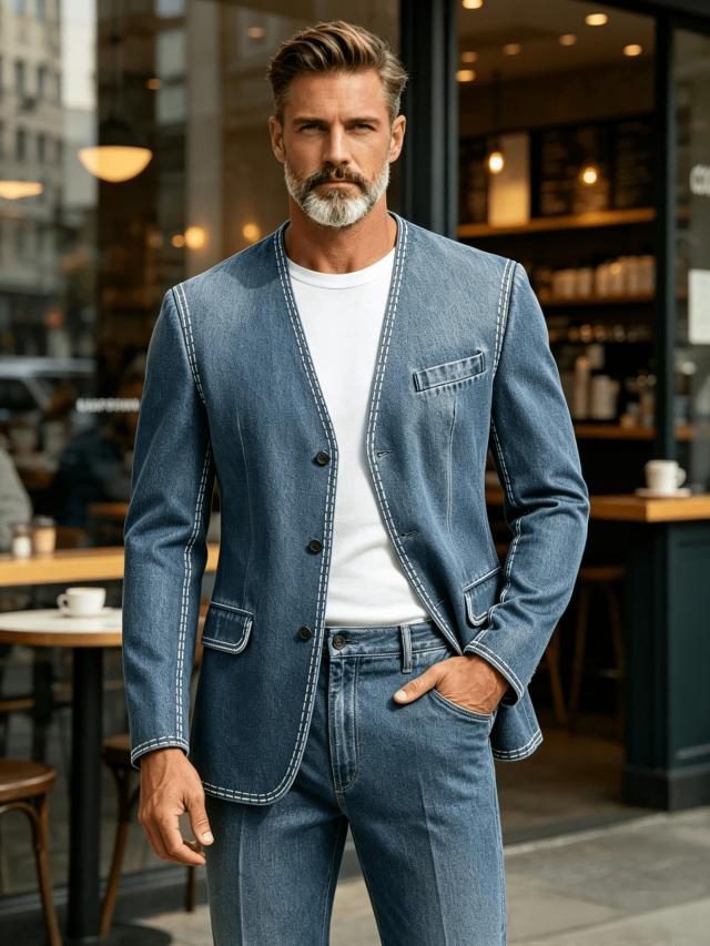 men's v neck denim blazer with contrast stitching