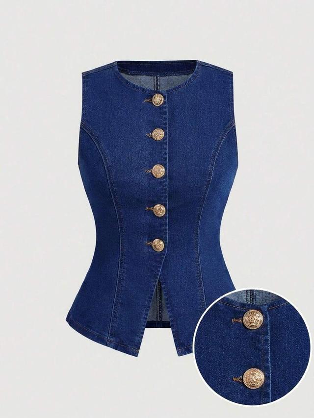 denim single-breasted vest with gold tone buttons