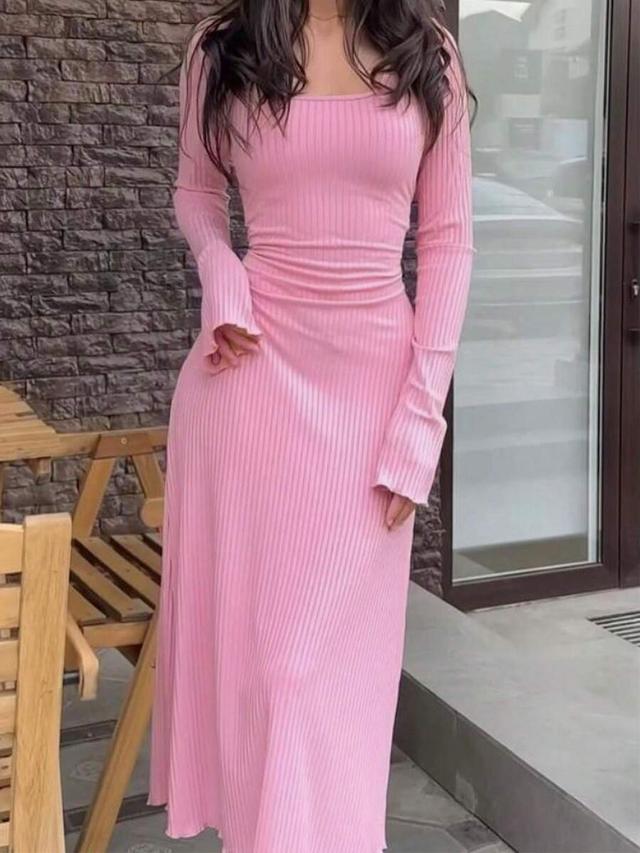 pink square neck ribbed knit side drawstring bodycon dress