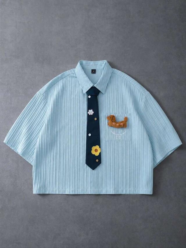 light blue ribbed short sleeve shirt with novelty tie