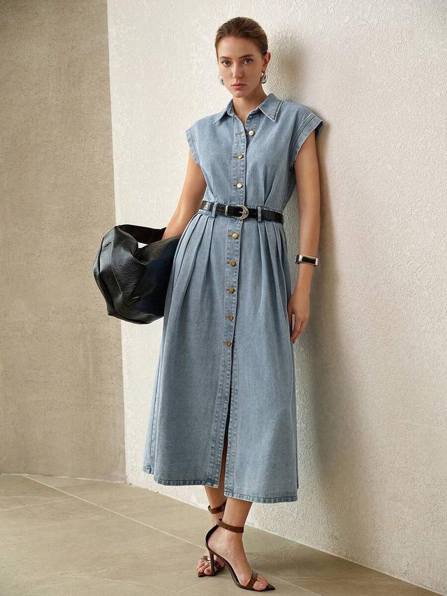 light wash denim midi shirt dress with pleats