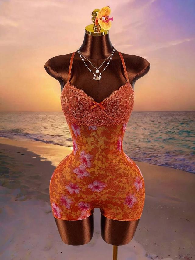 orange floral lace bodysuit
