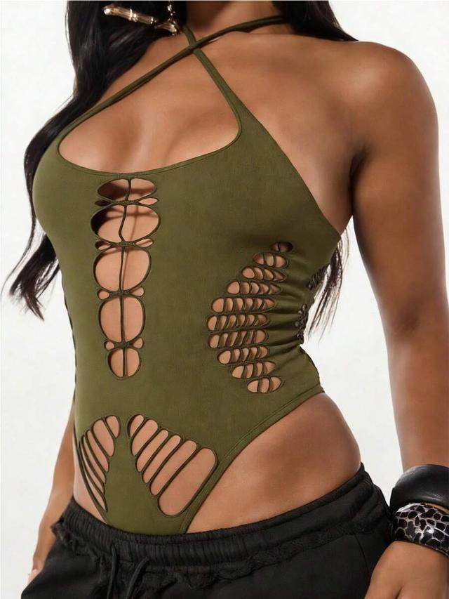 olive green halter neck cutout bodysuit with lace up