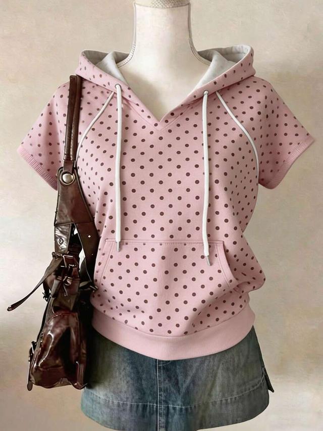 pink and black polka dot short sleeve drawstring hoodie