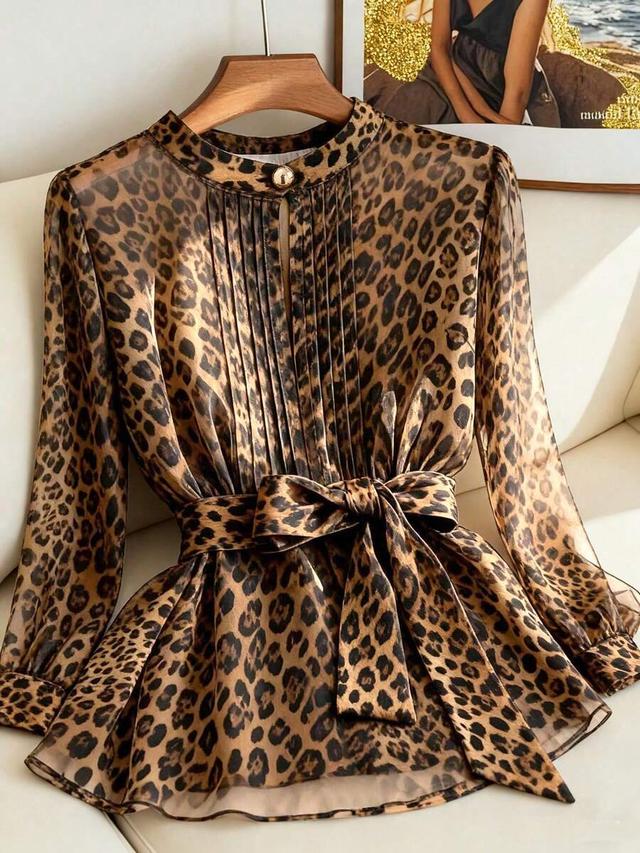 leopard print pleated round neck bow tie blouse