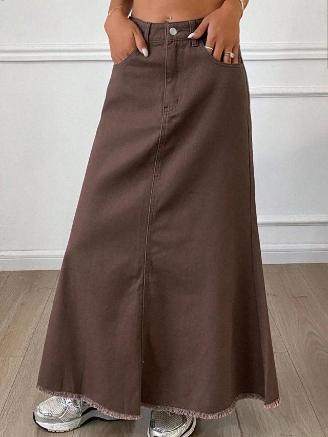 brown frayed hem denim a-line midi skirt