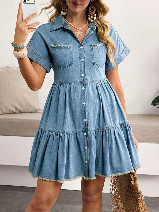 light wash denim button-down tiered shirt dress