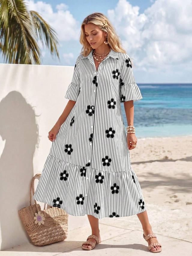 striped button-down midi dress with floral appliqué