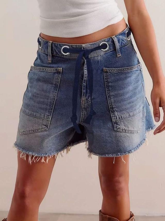 vintage high waist denim shorts with metal eyelet drawstring