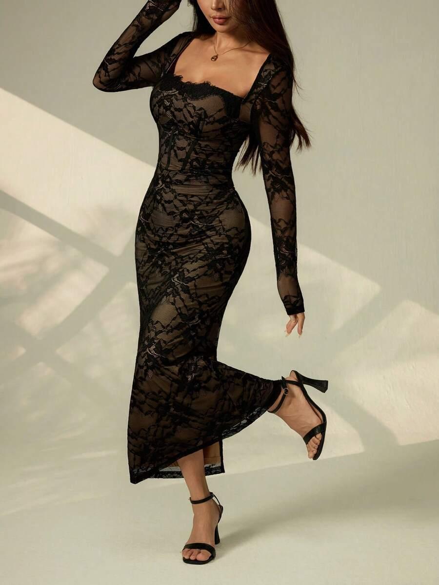 black lace square neck slim fit long sleeve dress