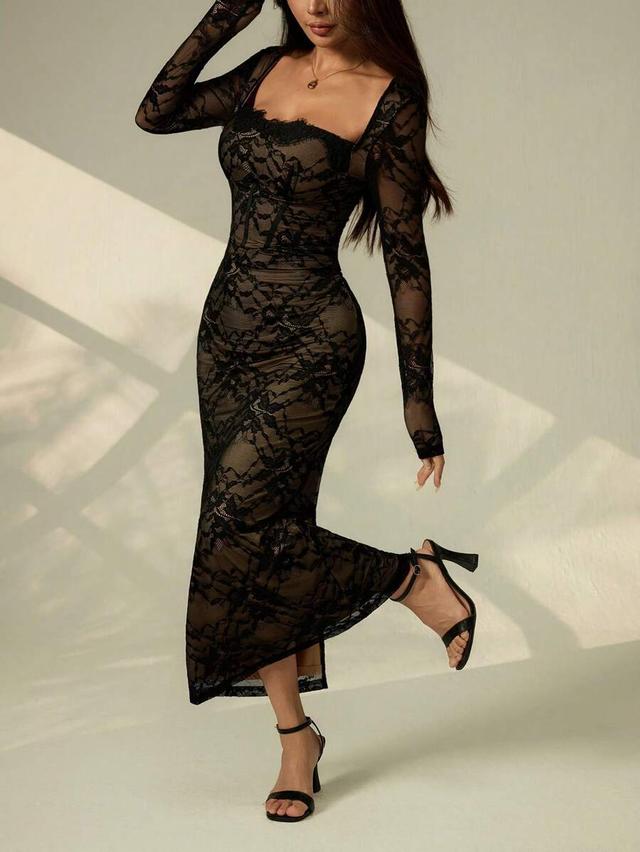 black lace square neck slim fit long sleeve dress