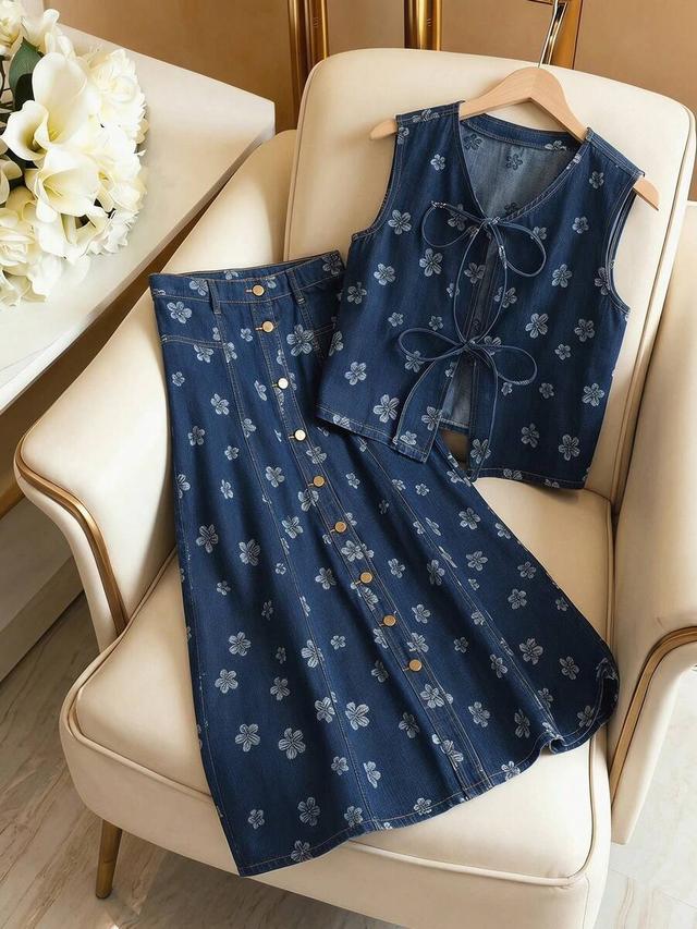 floral print single-breasted denim a-line skirt