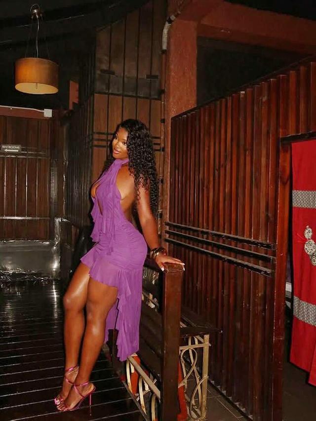 purple ruffled halter neck high-low mini dress