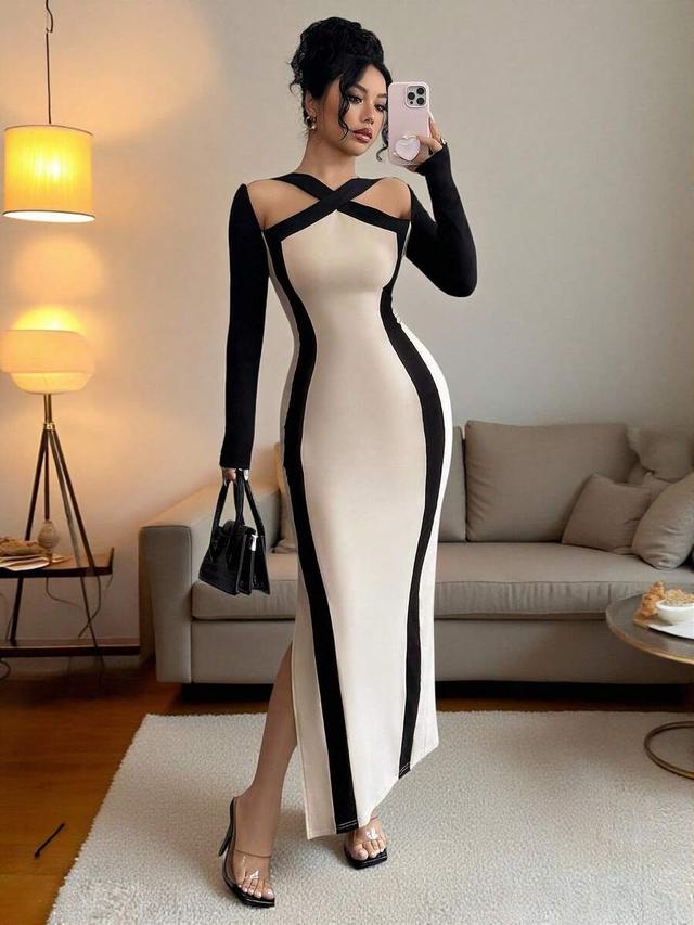 elegant black and white contrast cross collar long sleeve dress