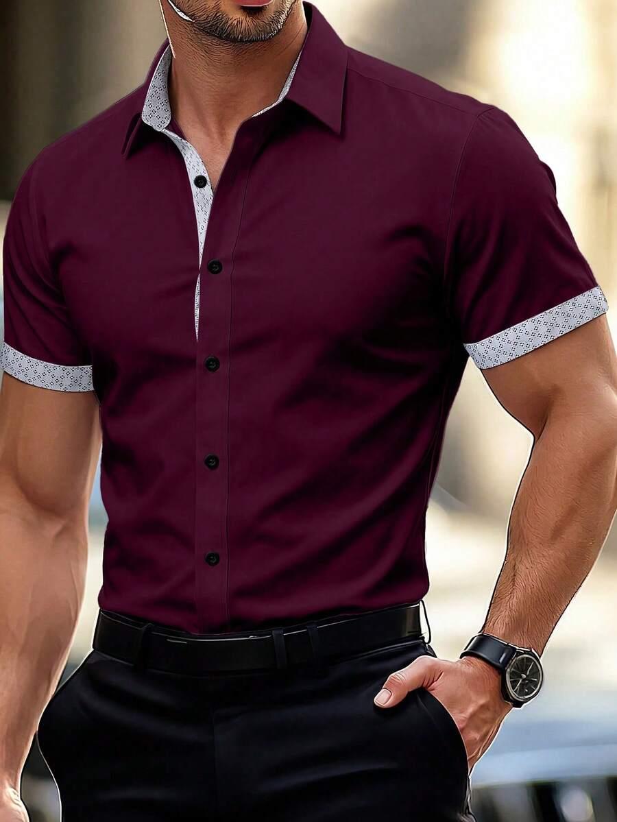 maroon geometric print short sleeve formal shirt