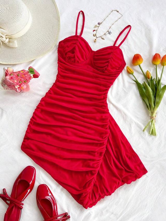 soleia ruched mesh spaghetti strap mini red dress