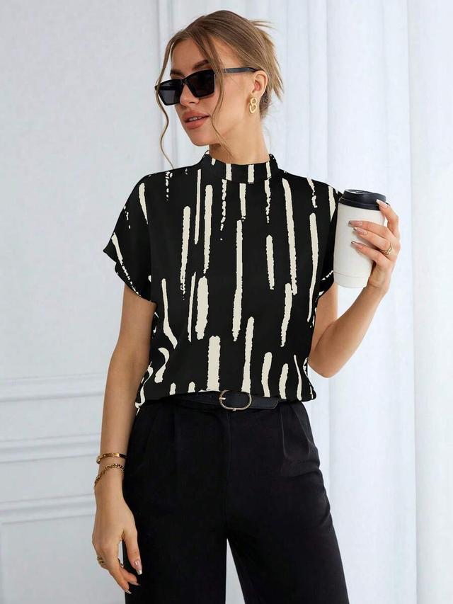 black and white brush print stand collar blouse